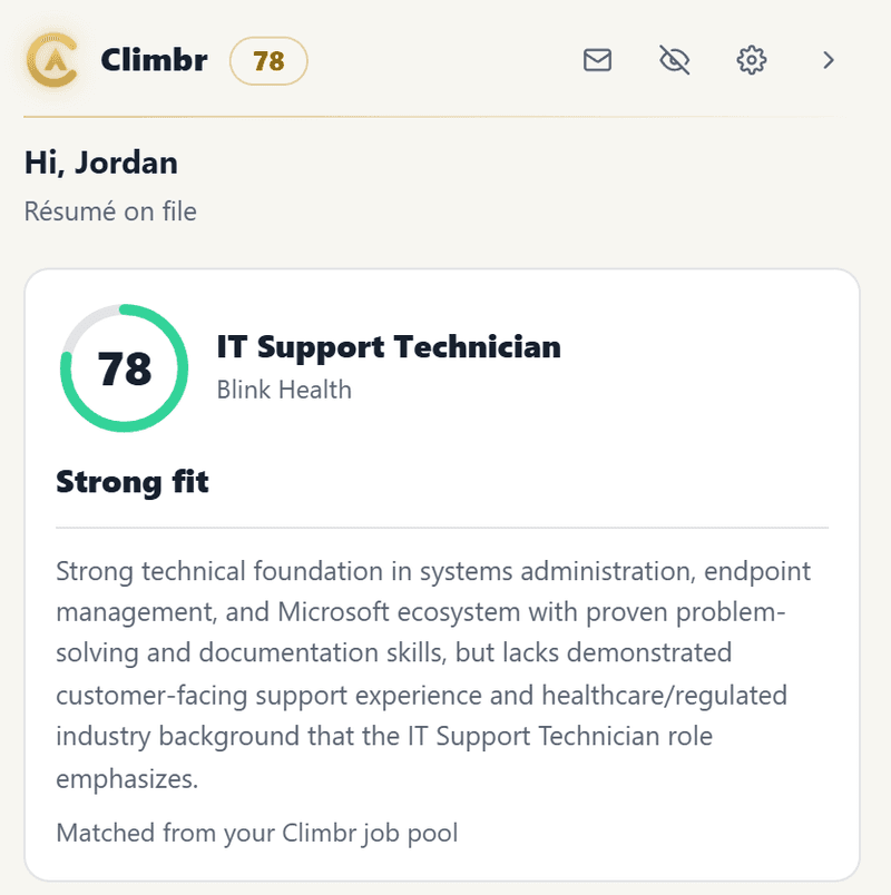 The Climbr toolbar and panel on a real job posting: match score 78 for Blink Health's IT Support Technician role, Strong fit, with the one-line reason