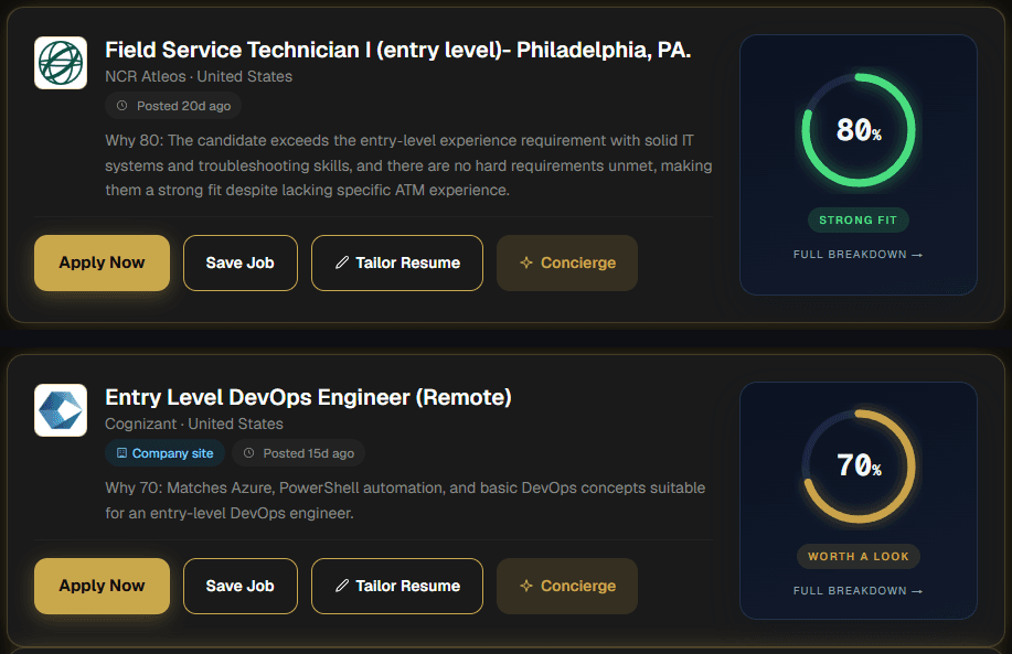 Two real matches from a live Climbr dashboard feed, each with its employer logo: NCR Atleos, "Field Service Technician I (entry level)", 80% Strong fit; and Cognizant, "Entry Level DevOps Engineer (Remote)", 70% Worth a look — each with the one-line reason behind its score.